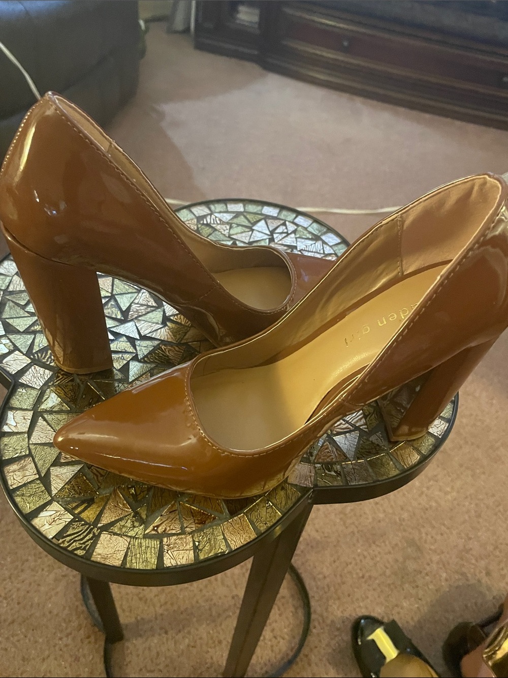 Madden Girl Patent Pointed Toe Block Heel Pumps in Cognac